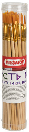 Кисть ПИФАГОР, СИНТЕТИКА, плоская, № 4, деревянная лакированная ручка, с колпачком, 200857