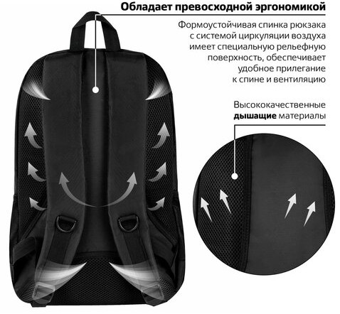 Рюкзак BRAUBERG B-TR1606 для старшеклассников/студентов, 22 л, черный, "Навигатор", 30х17х45 см, 225291