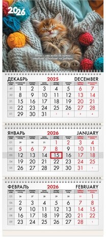 Календарь квартальный на 2026 г., 3 блока, 3 гребня, бегунок, мелованная бумага, BRAUBERG, "Котенок", 116805