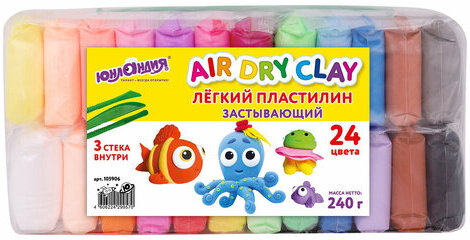 Пластилин супер лёгкий воздушный застывающий 24 цвета, 240 г, 3 стека, ЮНЛАНДИЯ, 105906