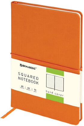 Блокнот А5 (148x218 мм), BRAUBERG &quot;Metropolis X&quot;, под кожу, 80 л., резинка, клетка, оранжевый, 111032