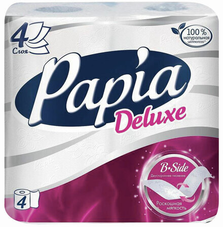 Бумага туалетная быт., спайка 4 шт., 4-слойная (4х16 м), PAPIA DELUXE, белая, 5062185
