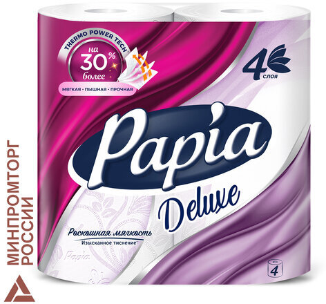 Бумага туалетная быт., спайка 4 шт., 4-слойная (4х16 м), PAPIA DELUXE, белая, 5062185