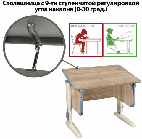 Стол-парта регулируемый "ДЭМИ" СУТ.41, 750х550х530-815 мм, бежевый каркас, пластик серый, дуб сонома (КОМПЛЕКТ)