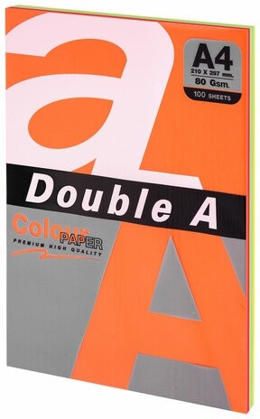 Бумага цветная DOUBLE A, А4, 80 г/м2, 100 л., 5 цветов x 20 л., микс интенсив