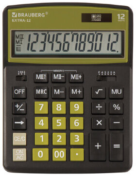 Калькулятор настольный BRAUBERG EXTRA-12-BKOL (206x155 мм), 12 разрядов, двойное питание, ЧЕРНО-ОЛИВКОВЫЙ, 250471