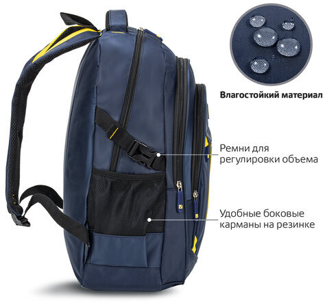 Рюкзак BRAUBERG TITANIUM универсальный, синий, желтые вставки, 45х28х18см, 270768