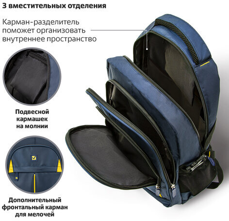 Рюкзак BRAUBERG TITANIUM универсальный, синий, желтые вставки, 45х28х18см, 270768