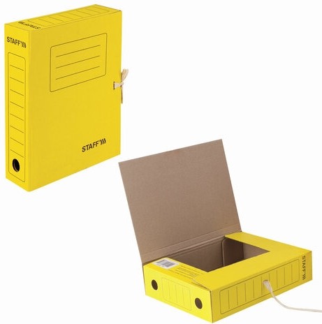 Папка архивная с завязками А4 (325х250 мм), 75 мм, до 700 листов, микрогофрокартон, ЖЕЛТАЯ, STAFF, 128873