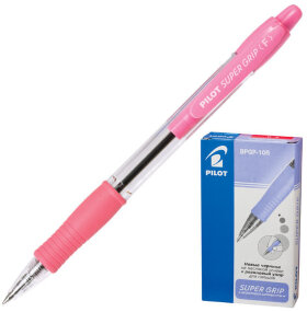Ручка шариковая масляная автоматическая с грипом PILOT &quot;Super Grip&quot;, СИНЯЯ, розовые детали, линия письма 0,32 мм, BPGP-10R-F