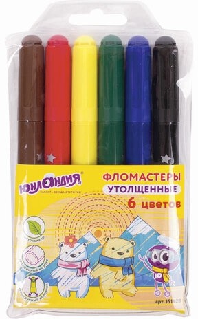 Фломастеры ЮНЛАНДИЯ 6 цветов, "ЮНЛАНДИК В АРКТИКЕ", утолщенные, ударопрочный наконечник, ПВХ, 151428