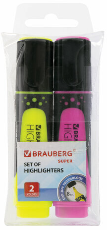 Набор текстовыделителей BRAUBERG 2 шт., ЖЕЛТЫЙ/РОЗОВЫЙ, "SUPER", прорезиненный корпус, линия 1-5 мм, 151745