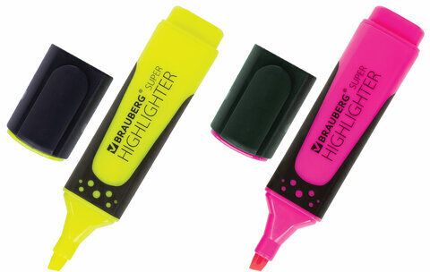 Набор текстовыделителей BRAUBERG 2 шт., ЖЕЛТЫЙ/РОЗОВЫЙ, "SUPER", прорезиненный корпус, линия 1-5 мм, 151745