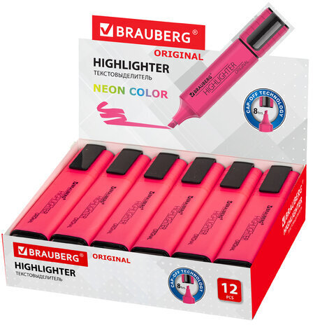 Текстовыделитель BRAUBERG "ORIGINAL NEON", РОЗОВЫЙ, линия письма 1-5 мм, 152213