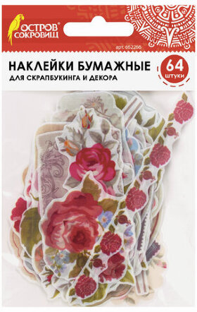Наклейки для скрапбукинга РОЗЫ из washi-бумаги, 64 штуки, 32 дизайна, ОСТРОВ СОКРОВИЩ, 662266
