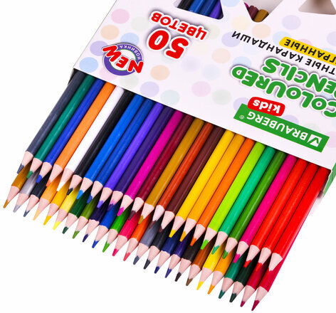 Карандаши цветные BRAUBERG KIDS NEW, 50 цветов, трехгранные, грифель 3 мм, 182004