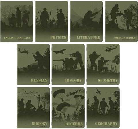 Тетради предметные, КОМПЛЕКТ 10 ПРЕДМЕТОВ, MILITARY, 48 листов, SoftTouch, 70г/м, BRAUBERG, 404032