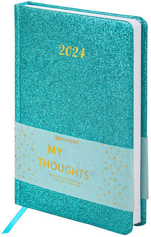 Ежедневник датированный 2024 А5 138x213 мм, BRAUBERG "Sparkle", под кожу, блестки, бирюзовый, 114931