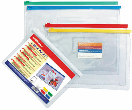 Папка-конверт на молнии ERICH KRAUSE А4 (334х241 мм), карман для визиток, прозрачная, 0,14 мм, 2935