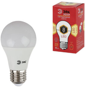Лампа светодиодная ЭРА, 8 (60) Вт, цоколь E27, грушевидная, теплый белый свет, 25000 ч., LED smdA55\60-8w-827-E27ECO, A60-8w-827-E27