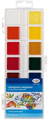 Краски акварельные ГАММА &quot;Классическая&quot;, 14 цветов, медовая, пластиковая коробка, европодвес, 1009195