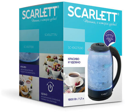 Чайник SCARLETT SC-EK27G90, 1,7 л, 1800 Вт, закрытый нагревательный элемент, стекло, черный