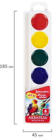 Краски акварельные BRAUBERG "МАГИЯ ЦВЕТА NEW", медовые, 6 цветов, круглые кюветы, пластик, 192285