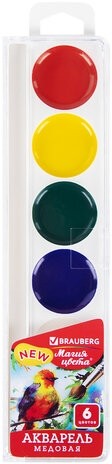 Краски акварельные BRAUBERG "МАГИЯ ЦВЕТА NEW", медовые, 6 цветов, круглые кюветы, пластик, 192285