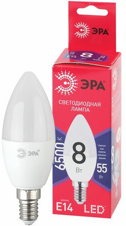 Лампа светодиодная ЭРА RED LINE, 8 (55) Вт, цоколь Е14, свеча, холодный белый свет, 30000 ч., LED B35-8W-865-E14 R, Б0045341