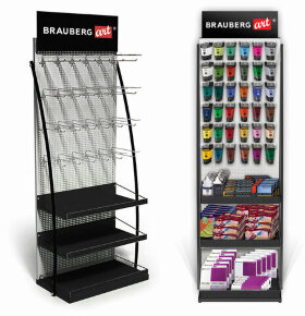 Стойка для размещения товара напольная BRAUBERG ART, 2050x600x500 мм, 25 крючков, 3 полки, металл, 504875