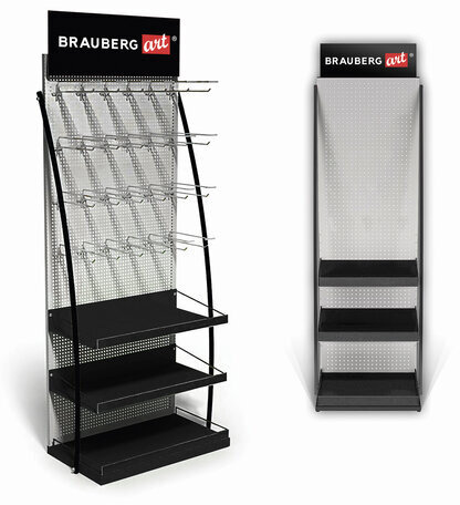 Стойка для размещения товара напольная BRAUBERG ART, 2050x600x500 мм, 25 крючков, 3 полки, металл, 504875