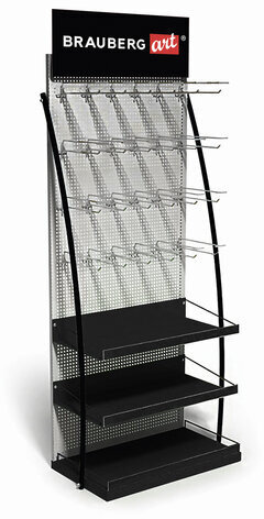 Стойка для размещения товара напольная BRAUBERG ART, 2050x600x500 мм, 25 крючков, 3 полки, металл, 504875
