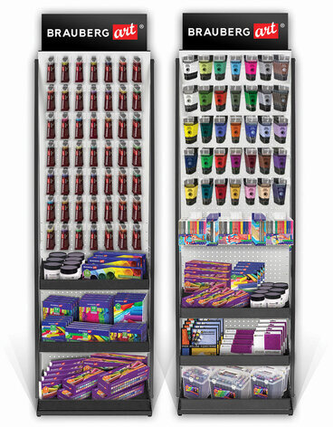 Стойка для размещения товара напольная BRAUBERG ART, 2050x600x500 мм, 25 крючков, 3 полки, металл, 504875