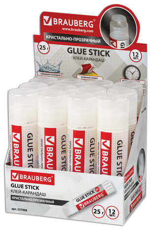 Клей-карандаш BRAUBERG "Crystal", 25 г, прозрачный, 227968, PVP