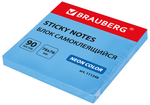 Блок самоклеящийся (стикеры) BRAUBERG НЕОНОВЫЙ 76х76 мм, 90 листов, голубой, 111348