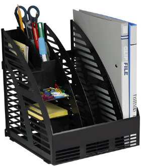Лоток вертикальный для бумаг (240х240х300 мм), 3 отделения, сборный, с органайзером, черный, 4С143