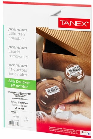 Этикетка самоклеящаяся УДАЛЯЕМАЯ 210х297 мм, 1 этикетка, белая, 70 г/м2, 25 листов, TANEX, сырье Финляндия, 114546, TW-2000