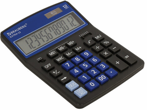 Калькулятор настольный BRAUBERG EXTRA-12-BKBU (206x155 мм), 12 разрядов, двойное питание, ЧЕРНО-СИНИЙ, 250472