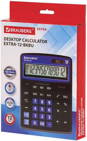 Калькулятор настольный BRAUBERG EXTRA-12-BKBU (206x155 мм), 12 разрядов, двойное питание, ЧЕРНО-СИНИЙ, 250472