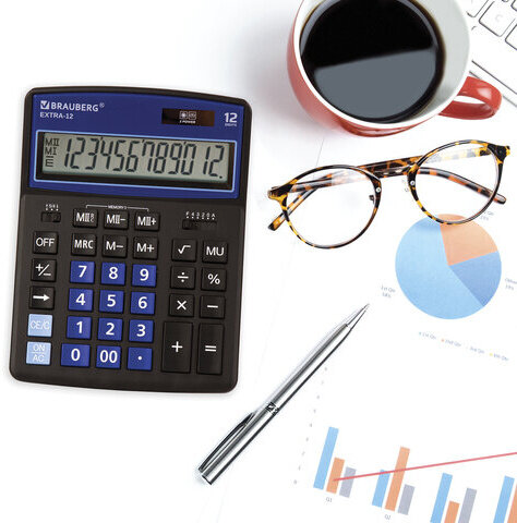 Калькулятор настольный BRAUBERG EXTRA-12-BKBU (206x155 мм), 12 разрядов, двойное питание, ЧЕРНО-СИНИЙ, 250472