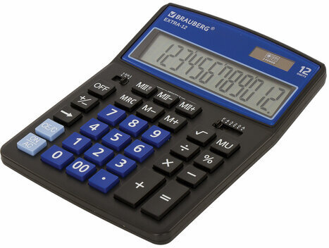 Калькулятор настольный BRAUBERG EXTRA-12-BKBU (206x155 мм), 12 разрядов, двойное питание, ЧЕРНО-СИНИЙ, 250472