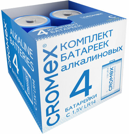 Батарейки алкалиновые КОМПЛЕКТ 4 шт., CROMEX Alkaline, C (LR14, 14А), короб, 456455