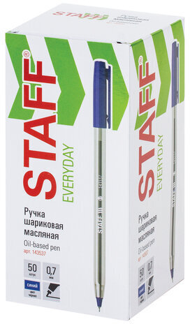 Ручка шариковая масляная STAFF "EVERYDAY OBP-537", СИНЯЯ, прозрачная, узел 0,7 мм, линия письма 0,35 мм, 143537