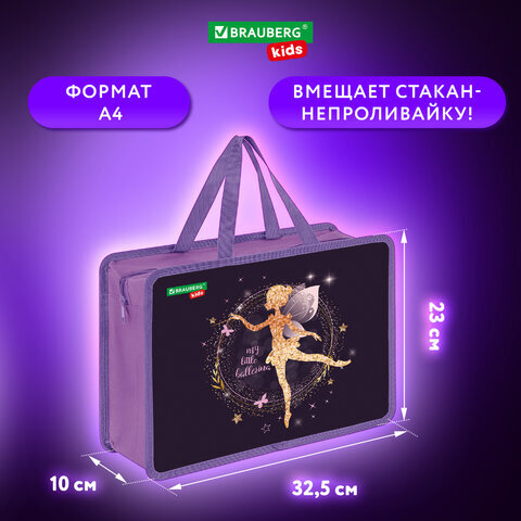 Папка на молнии с ручками BRAUBERG KIDS А4, 1 отделение, пластик, 100 мм, "Gold fairy", 272117