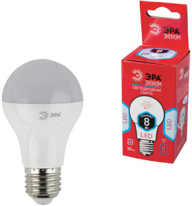 Лампа светодиодная ЭРА, 8 (60) Вт, цоколь E27, грушевидная, холодный белый свет, 25000 ч., LED smdA55\60-8w-840-E27ECO, A60-8w-840-E27