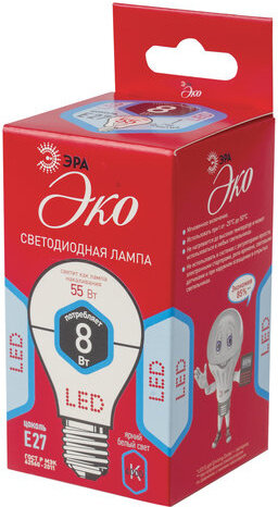 Лампа светодиодная ЭРА, 8 (60) Вт, цоколь E27, грушевидная, холодный белый свет, 25000 ч., LED smdA55\60-8w-840-E27ECO, A60-8w-840-E27