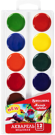 Краски акварельные BRAUBERG "МАГИЯ ЦВЕТА NEW", медовые, 12 цветов, круглые кюветы, 192286