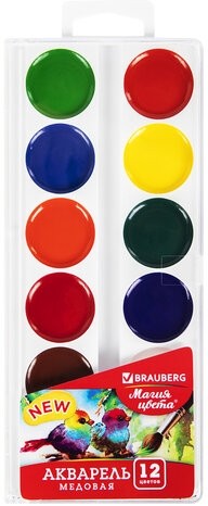 Краски акварельные BRAUBERG "МАГИЯ ЦВЕТА NEW", медовые, 12 цветов, круглые кюветы, 192286