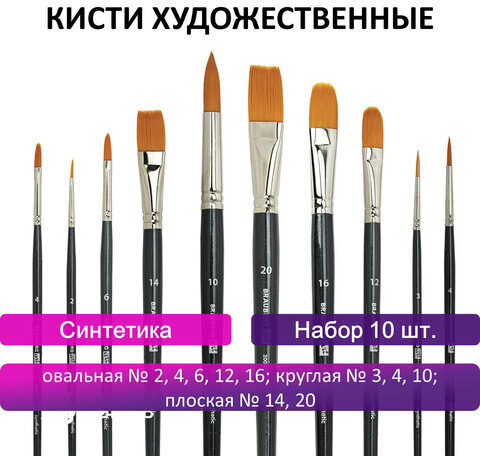 Кисти художественные набор 10 шт., синтетика BRAUBERG ART CLASSIC, 200961