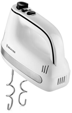 Миксер BRAYER BR1301, 250 Вт, 5 скоростей, 2 венчика, 2 крюка для теста, белый